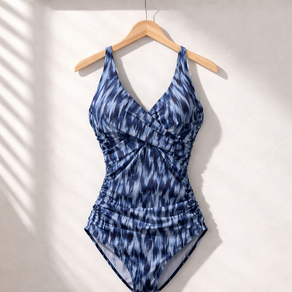 Anne Cole Size 10 New Tie Dye Ikat One-Piece Blue Swimsuit Drape Front